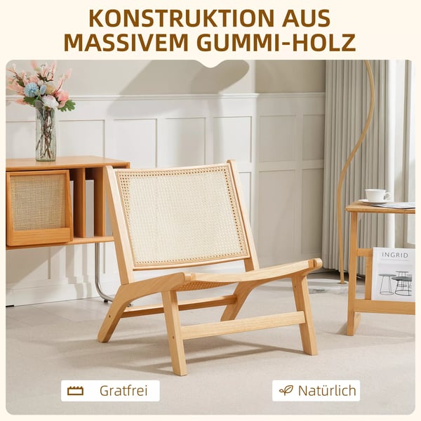 HOMCOM Lænestol i naturtræ af gummitræ med rattan-ryglæn - perfekt til stuen eller soveværelset