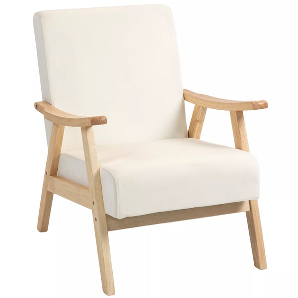HOMCOM Fåtölj Lounge Stol SAMMET-look Krämvit Polyester Komfortabel Loungestol Nordisk Design med Armstöd och Tjock Sittdyna för Vardagsrum eller Sovr