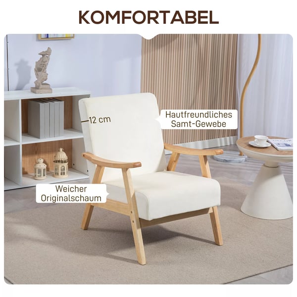 HOMCOM Lænestol i Polyesterfløjl, Cremhvid - Nordisk Design med Træramme