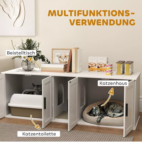 Kattlådeskåp för katter, vitt, MDF, 145 x 49 x 51 cm, döljer kattlådan och fungerar som sidobord