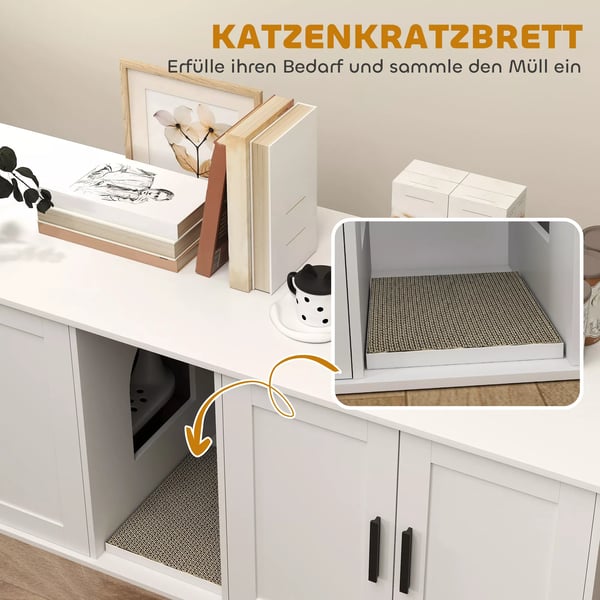 Kattlådeskåp för katter, vitt, MDF, 145 x 49 x 51 cm, döljer kattlådan och fungerar som sidobord