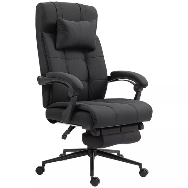 ergonominen työtuoli pellavanäköisellä polyesterillä, musta, säädettävä niskatyyny ja jalkatuki, kääntyvä pyörillä ergonominen työtuoli pellavanäköisellä polyesterillä, musta, säädettävä niskatyyny ja jalkatuki, kääntyvä pyörillä