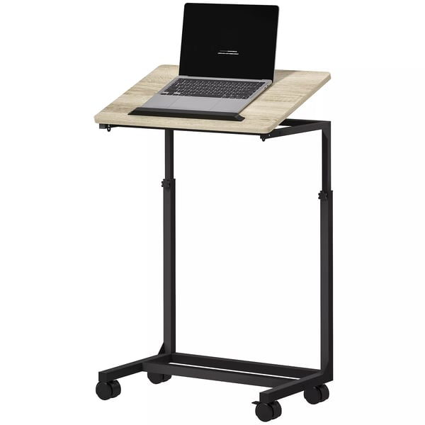HOMCOM C-format sidobord med hjul, höjdjusterbart och tippbart laptopbord, ek/svart, 55x36x62.5-82.5 cm
