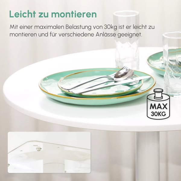 Matsalsbord, runt köksbord i vit träfibermaterial, modernt barbord för 2, pelarbord med stålben, Ø70x75 cm