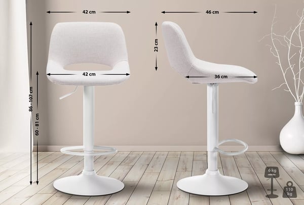 Camden Cremefarvet Barstol i Stof, Justerbar Højde, Drejefunktion, Polstret Sæde, Fodstøtte, Metalstel (60-81cm Sædehøjde)
