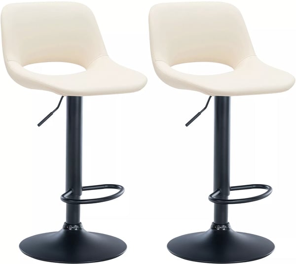 Set med 2 gräddfärgade barstolar i konstläder med metallställ - justerbar, svängbar, vadderad sits och ryggstöd