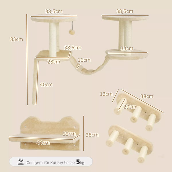 PawHut Vægmonteret Katsesæt, 3-delt Vogngemøbel med Kradsetræ, Siddepladser, Stige, Trin, Kradsebræt, til Katte op til 5 kg, Sisal, Beige