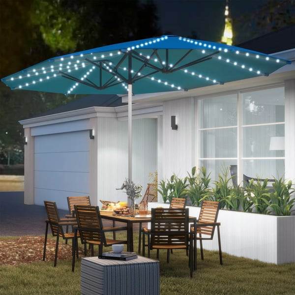 Outsunny Dobbelt Parasol med Solcelle-LED, 451x267 cm, Aluminium, Blå, UV 50+