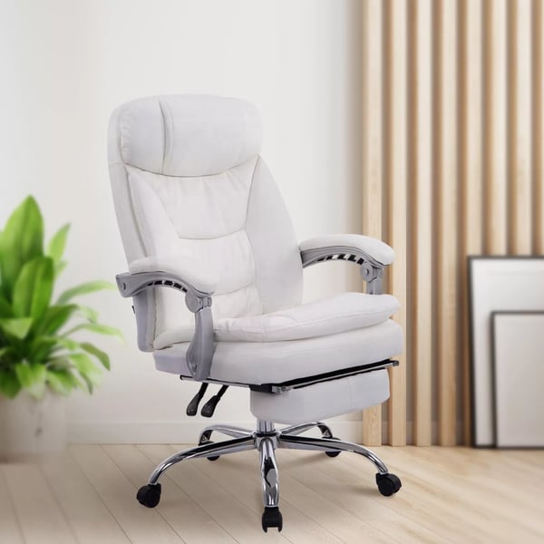 XL Kontorstol Troy - Hvid Imiteret Læder med Krom-Look Metalstel, Justerbar Fodstøtte & Ryglæn - Ergonomisk & Mobil