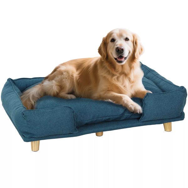 hundeseng i mørkeblå polyester med træben, 96 x 66 x 24 cm