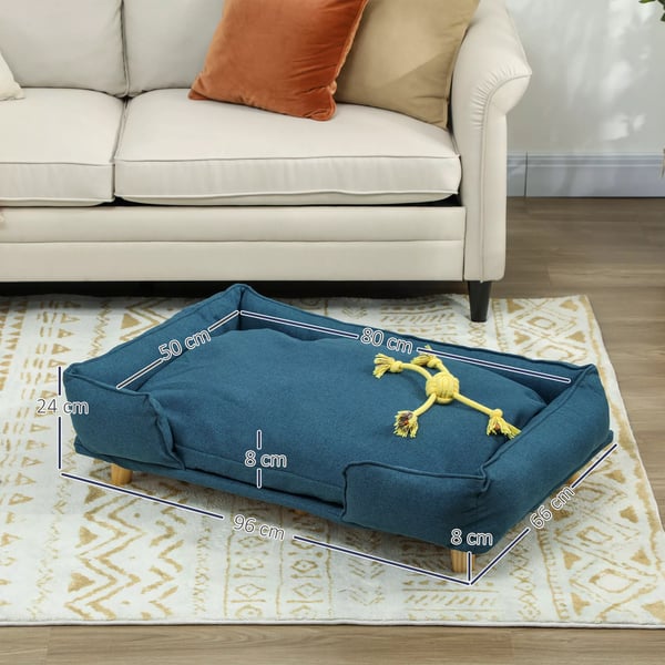hundeseng i mørkeblå polyester med træben, 96 x 66 x 24 cm