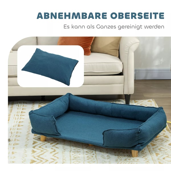 hundeseng i mørkeblå polyester med træben, 96 x 66 x 24 cm