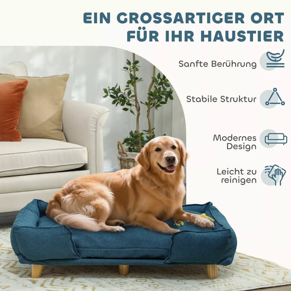 hundeseng i mørkeblå polyester med træben, 96 x 66 x 24 cm
