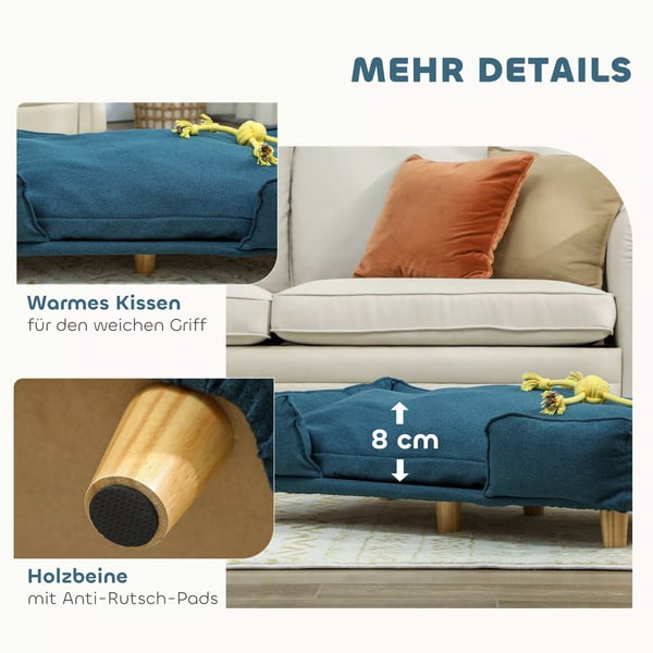 hundeseng i mørkeblå polyester med træben, 96 x 66 x 24 cm