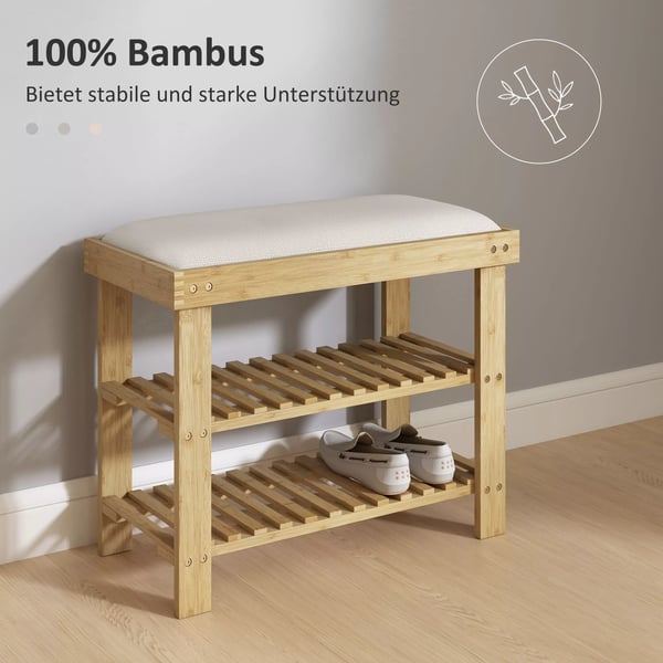 HOMCOM SkobCnk med Opbevaring, Bambus BCnk i Cremefarvet med 2 Hylder