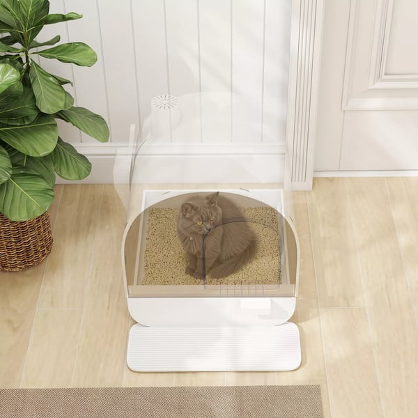 PawHut kattebakke med låg, toilet til katte op til 5 kg, inkl. låg, måtte til kattegrus, plast, hvid, 43x44x47 cm