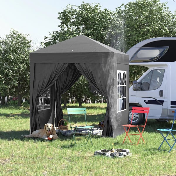 Outsunny Foldepavillon 2 x 2 m pavillon med 4 sidevægge, vindue, festtelt med UV-beskyttelse, havetelt inkl. bæretaske, stål, Oxford, sort