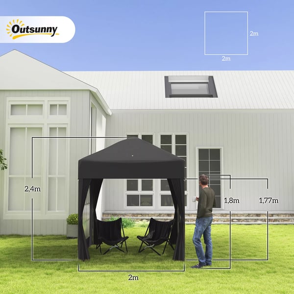 Outsunny Foldepavillon 2 x 2 m pavillon med 4 sidevægge, vindue, festtelt med UV-beskyttelse, havetelt inkl. bæretaske, stål, Oxford, sort