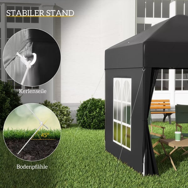 Outsunny Foldepavillon 2 x 2 m pavillon med 4 sidevægge, vindue, festtelt med UV-beskyttelse, havetelt inkl. bæretaske, stål, Oxford, sort