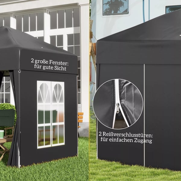 Outsunny Foldepavillon 2 x 2 m pavillon med 4 sidevægge, vindue, festtelt med UV-beskyttelse, havetelt inkl. bæretaske, stål, Oxford, sort