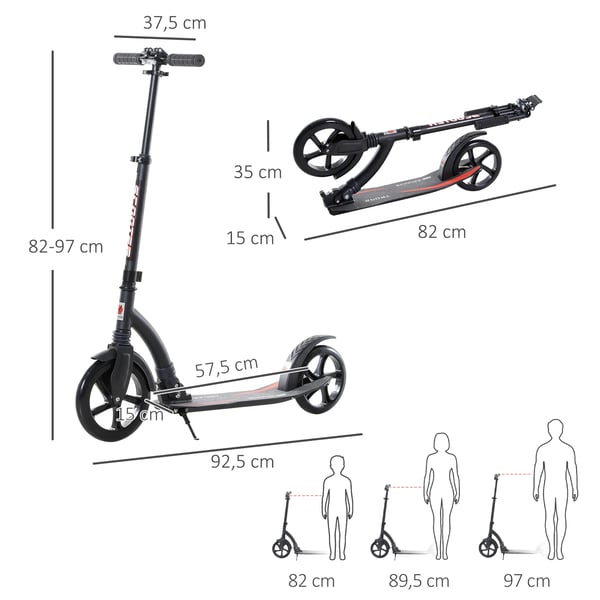 HOMCOM børnescooter kickscooter med støddæmpning, sammenklappelig, højdejusterbar, fra 14 år, aluminium, 92,5x37,5x87-101,5 cm