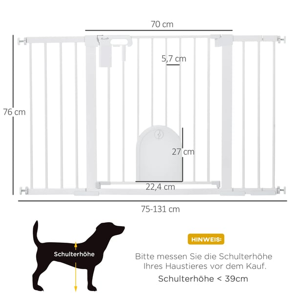 PawHut dörrgrind och trappgrind, klämmontering, metall, ABS, vit, 75-131x76 cm