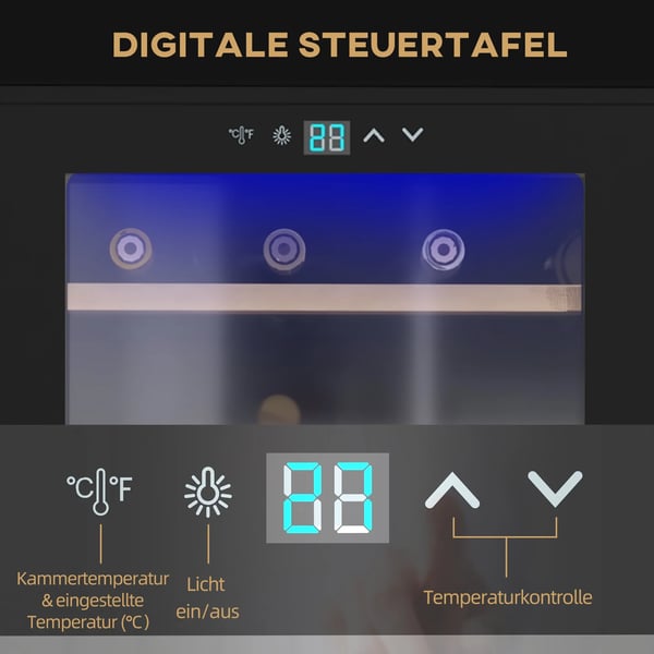 HOMCOM-viinikaappi, 65 l juomakaappi 24 pullolle, pullokaappi, viinikaappi sisävalolla, 5–20 °C, kosketusnäyttö, musta