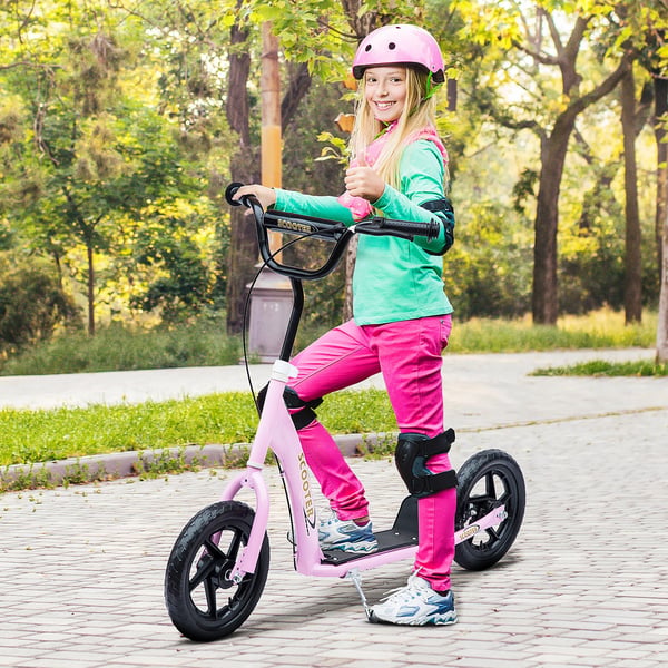 HOMCOM børnescooter Kickscooter 12 tommer med bagbremse, højdejusterbart løbehjul i lyserød, stål & EVA, til børn