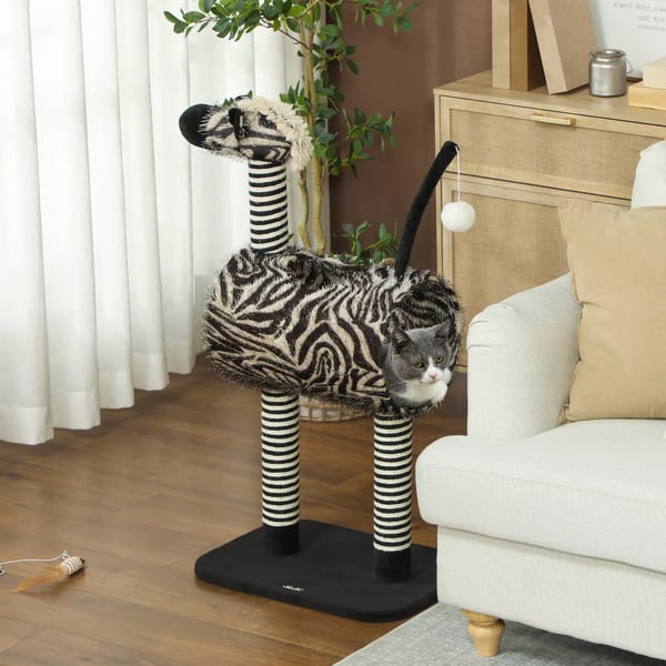 PawHut Kradsete Kattetre Zebra-design Klatretunnel Jutepele Sort+Hvid 93cm