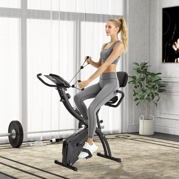 HOMCOM Motionscykel - 2-i-1 Foldbar Træningscykel med Magnetisk Modstand og Træningselastikker - Stålramme, Sort