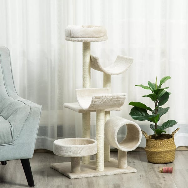 PawHut Kissan Raapimispuu Kiipeilyteline Lelutunnelilla - Beige, K105cm