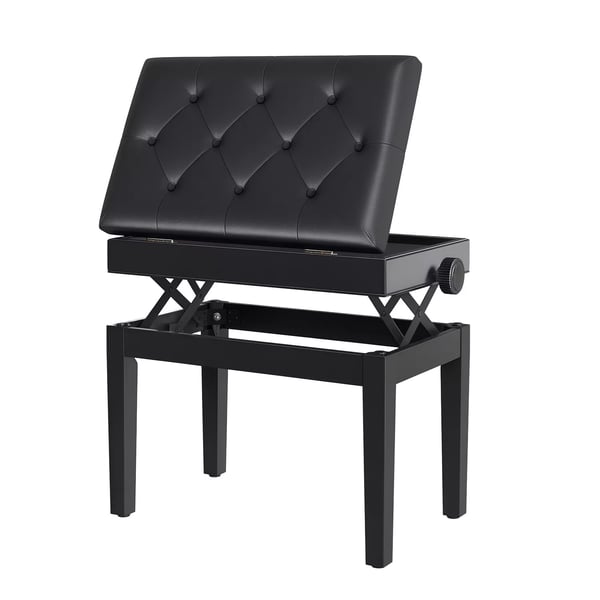 HOMCOM Pianobänk med förvaring – Svart gummiträ och PU-läder, Höjdjusterbar 54,5x33x48-58 cm