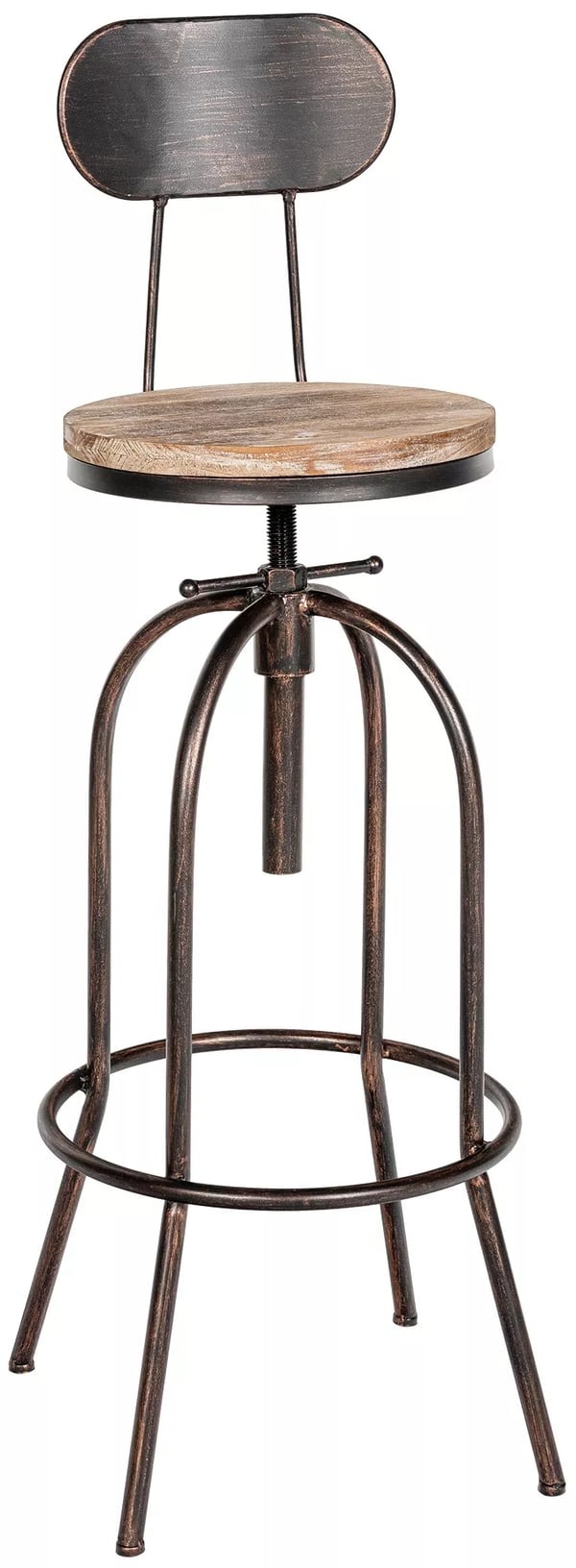 Pino industriell barstol, höjdjusterbar, träsits, bronsfärgad metallbas, 51x51x108cm