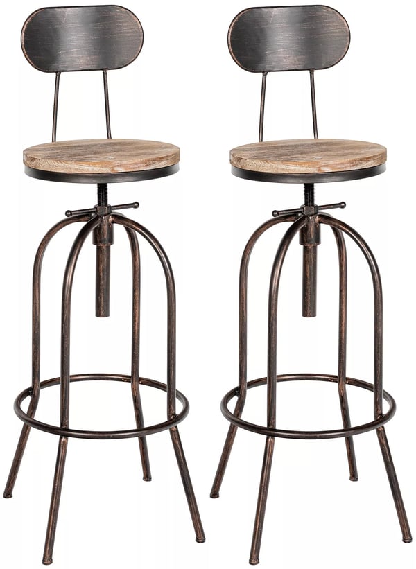 2 kpl Pino baarituolisetti, säädettävä korkeus, puu ja pronssinvärinen metalli, Industrial Style