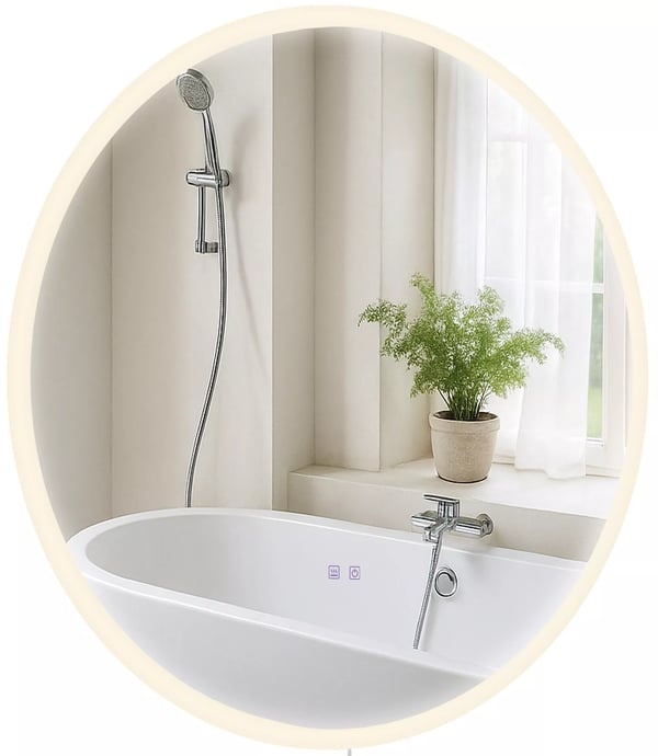 Laconia 80 cm rundt badeværelsesspejl med LED-belysning, anti-dug og justerbar farvetemperatur - klart glas og metalramme