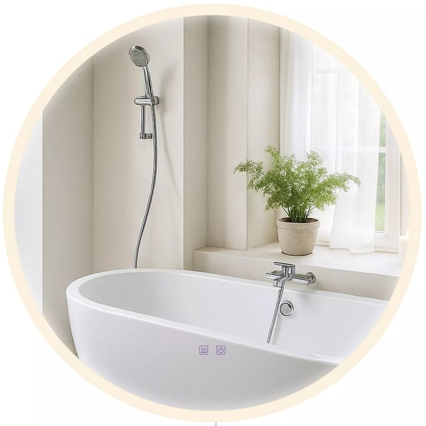 Laconia 80 cm rundt badeværelsesspejl med LED-belysning, anti-dug og justerbar farvetemperatur - klart glas og metalramme