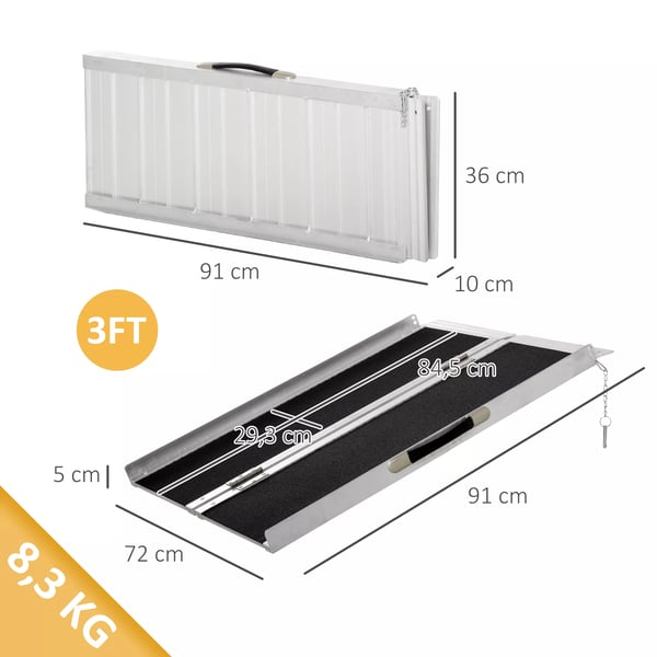 Foldbar Kørestolsrampe i Aluminium - Skridsikker PVC Belægning, 270 kg Kapacitet, Sølv/Sort, 93x73x5 cm