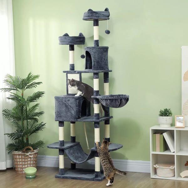 PawHut kradsetræ 206 cm kattetårn med hule, 2 legebolde, sisalstammer, platform til store katte, mørkegrå