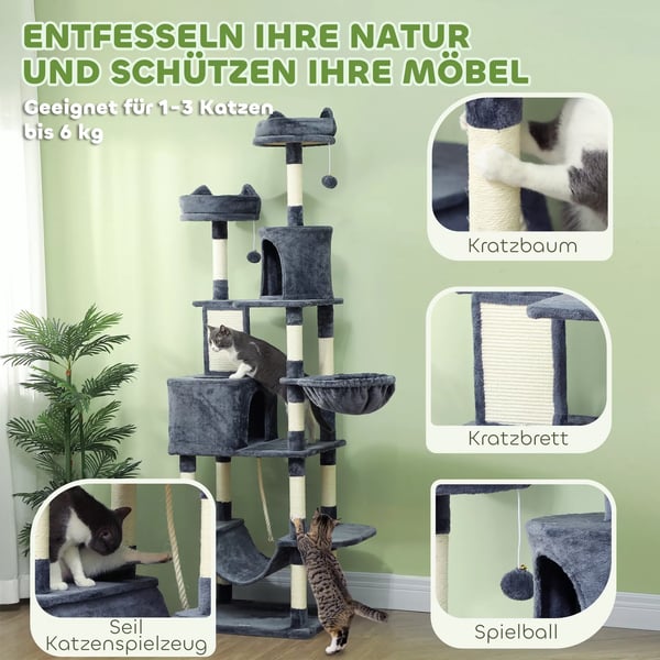 PawHut kradsetræ 206 cm kattetårn med hule, 2 legebolde, sisalstammer, platform til store katte, mørkegrå