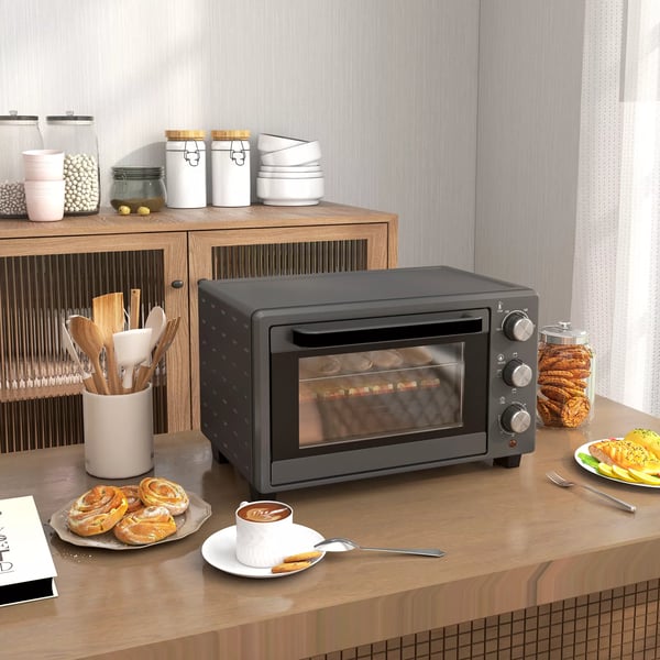 HOMCOM miniovn 21L, 1400W, rustfrit stål, grå - justerbar temperatur og timer til alsidig madlavning