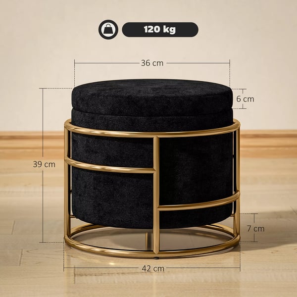 HOMCOM Siddende Puf m. Opbevaring, Sort Polyester, Metalramme, Guldbelagt