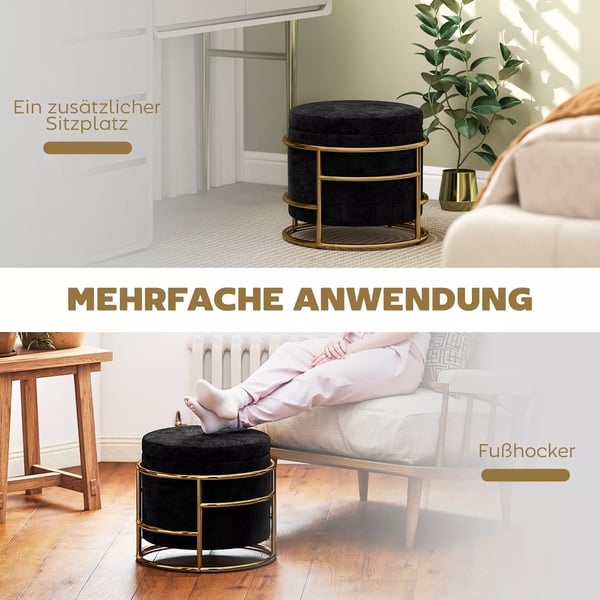 HOMCOM Siddende Puf m. Opbevaring, Sort Polyester, Metalramme, Guldbelagt