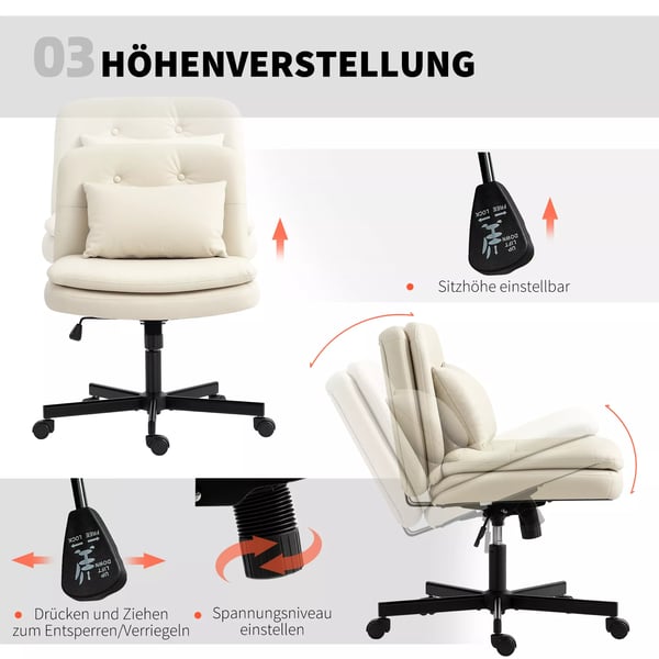 HOMCOM Kontorstol Beige Kunstlæder PU, Højdejusterbar, Drejelig, Med Hjul og Ekstra Pude
