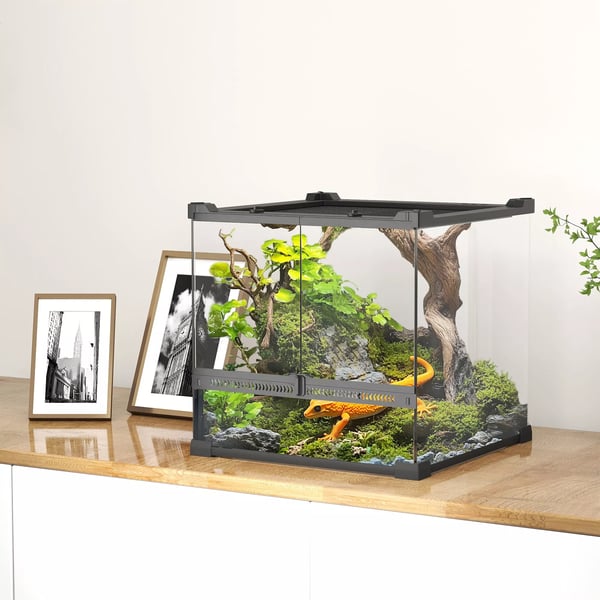 Glas Terrarium til krybdyr med hævet & vandtæt bund, knaplås, Sort
