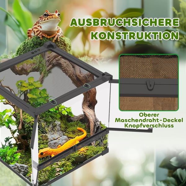 Glas Terrarium til krybdyr med hævet & vandtæt bund, knaplås, Sort