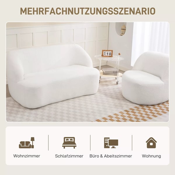 HOMCOM 2-personers sofa, buet design, polstret sofa med fleecebetræk, til stue, soveværelse, hjemmekontor, cremefarvet