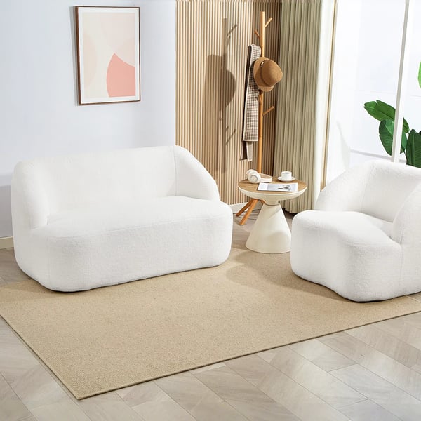 HOMCOM 2-personers sofa, buet design, polstret sofa med fleecebetræk, til stue, soveværelse, hjemmekontor, cremefarvet