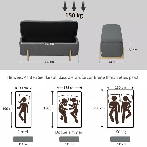 HOMCOM puf med opbevaring, bænk med skumpolstring, hør-look, 111 x 44 x 44,5 cm, mørkegrå