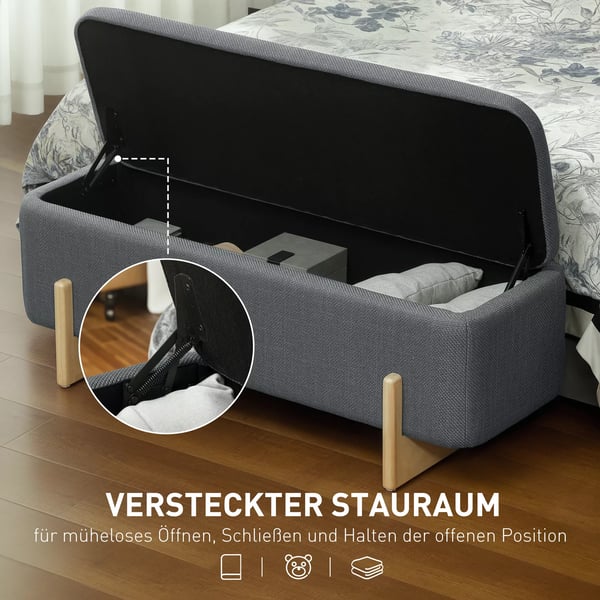 HOMCOM puf med opbevaring, bænk med skumpolstring, hør-look, 111 x 44 x 44,5 cm, mørkegrå