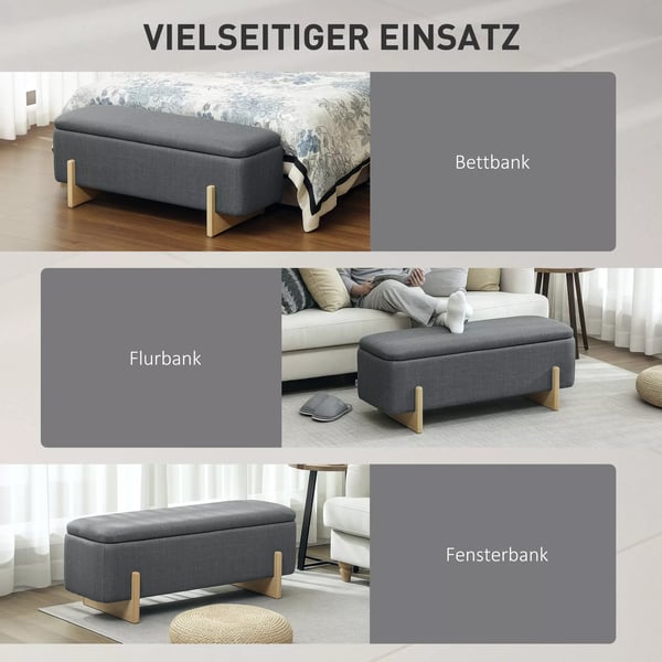 HOMCOM puf med opbevaring, bænk med skumpolstring, hør-look, 111 x 44 x 44,5 cm, mørkegrå